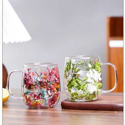 Tasse Anti-brûlure Double Couche Fleur Séchée Créative pour Bureau
