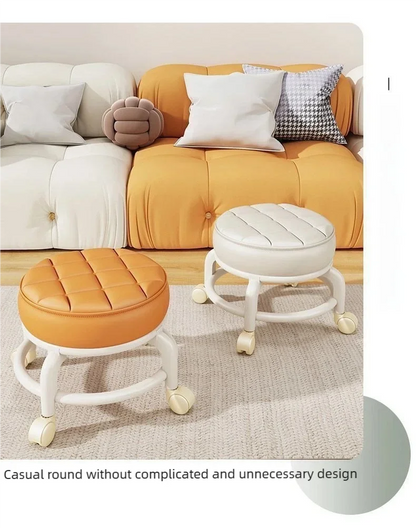 Tabouret Roulant en Cuir PU avec Roulettes - Pouf Rond Pratique