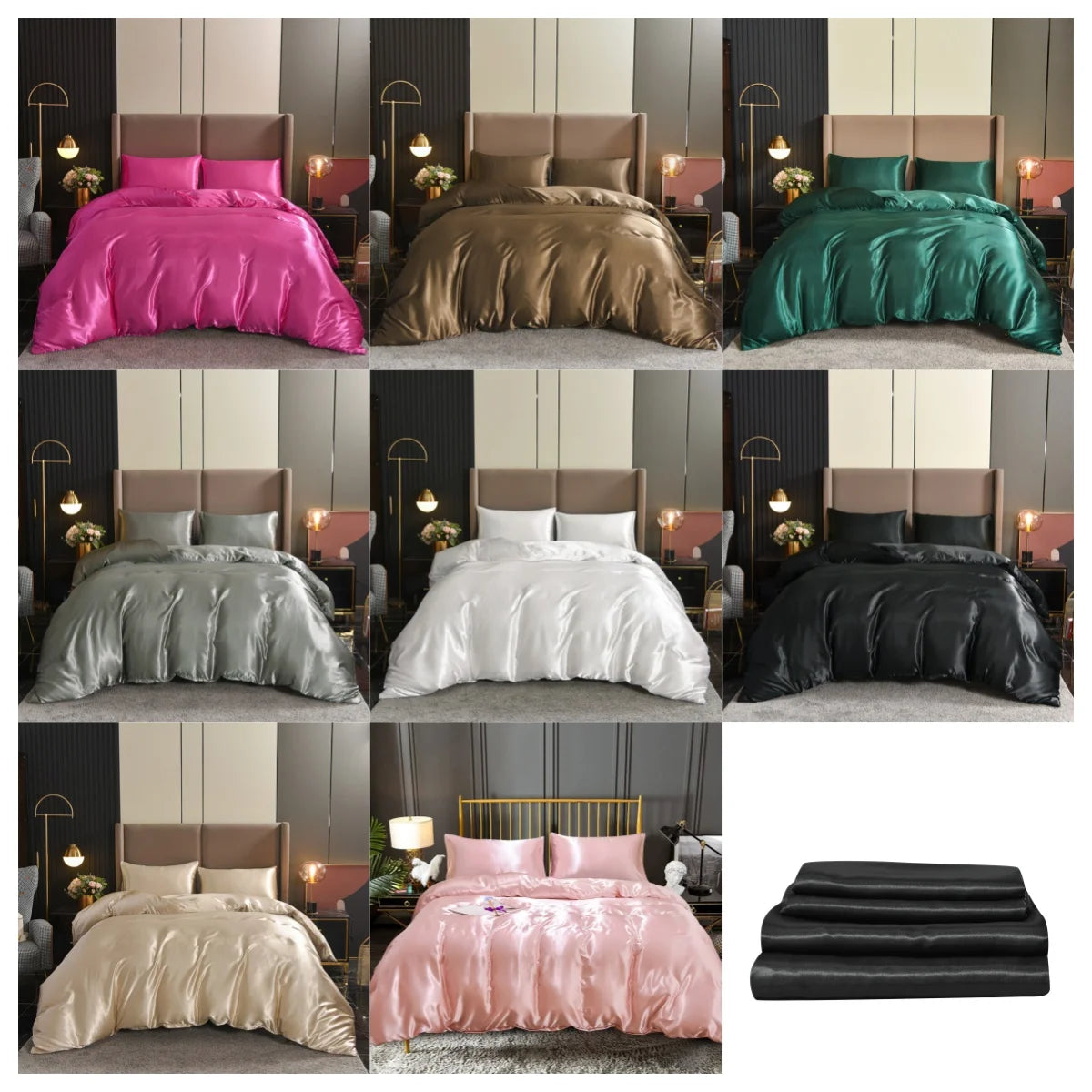 Housse de Couette Satin 3 pièces Queen Noir - Luxe & Douceur