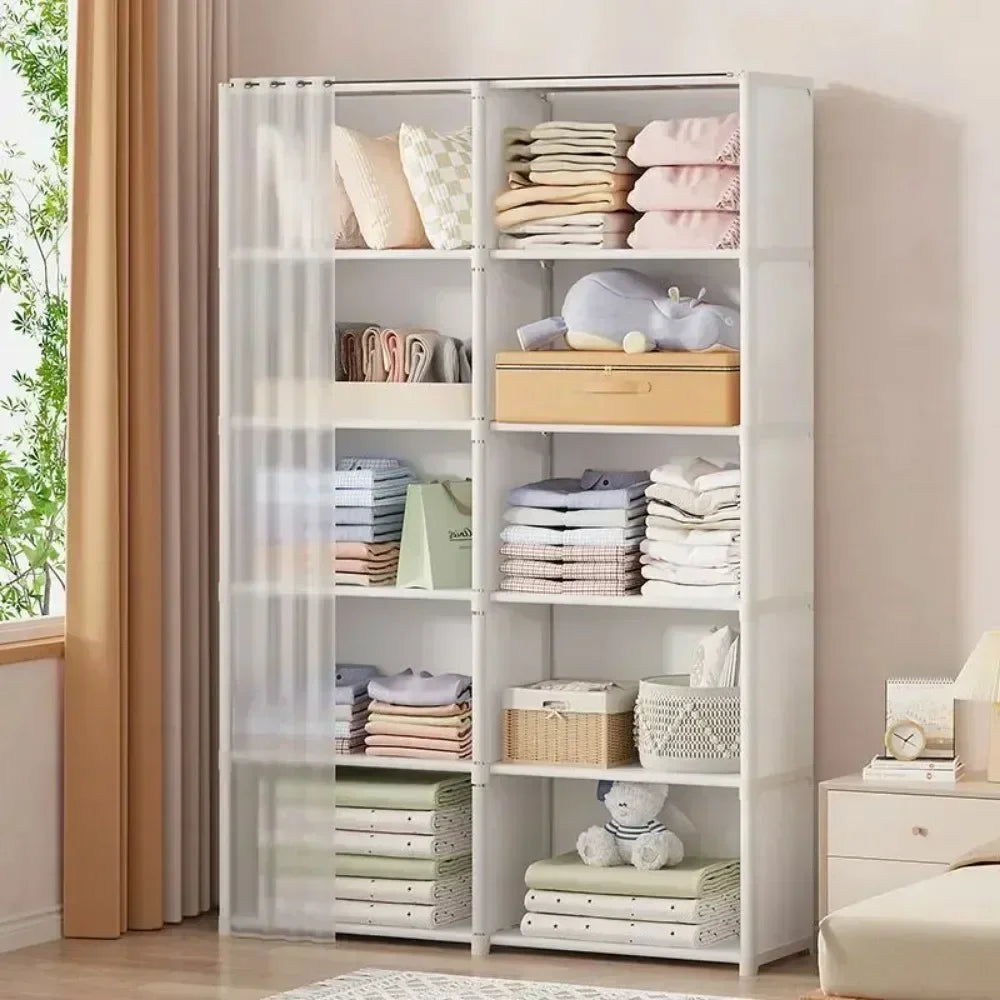 Armoire polyvalente anti-poussière avec rideaux et étagères