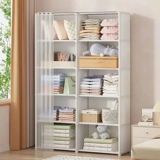 Armoire polyvalente anti-poussière avec rideaux et étagères