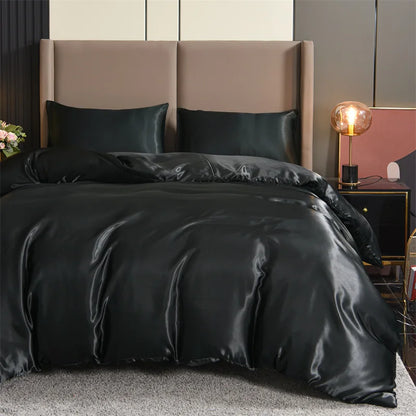 Housse de Couette Satin 3 pièces Queen Noir - Luxe & Douceur