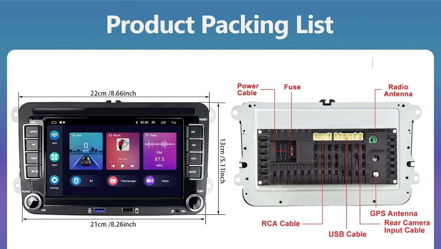 Autoradio Android 7" GPS Carplay pour VW, Seat, Audi - 2Din