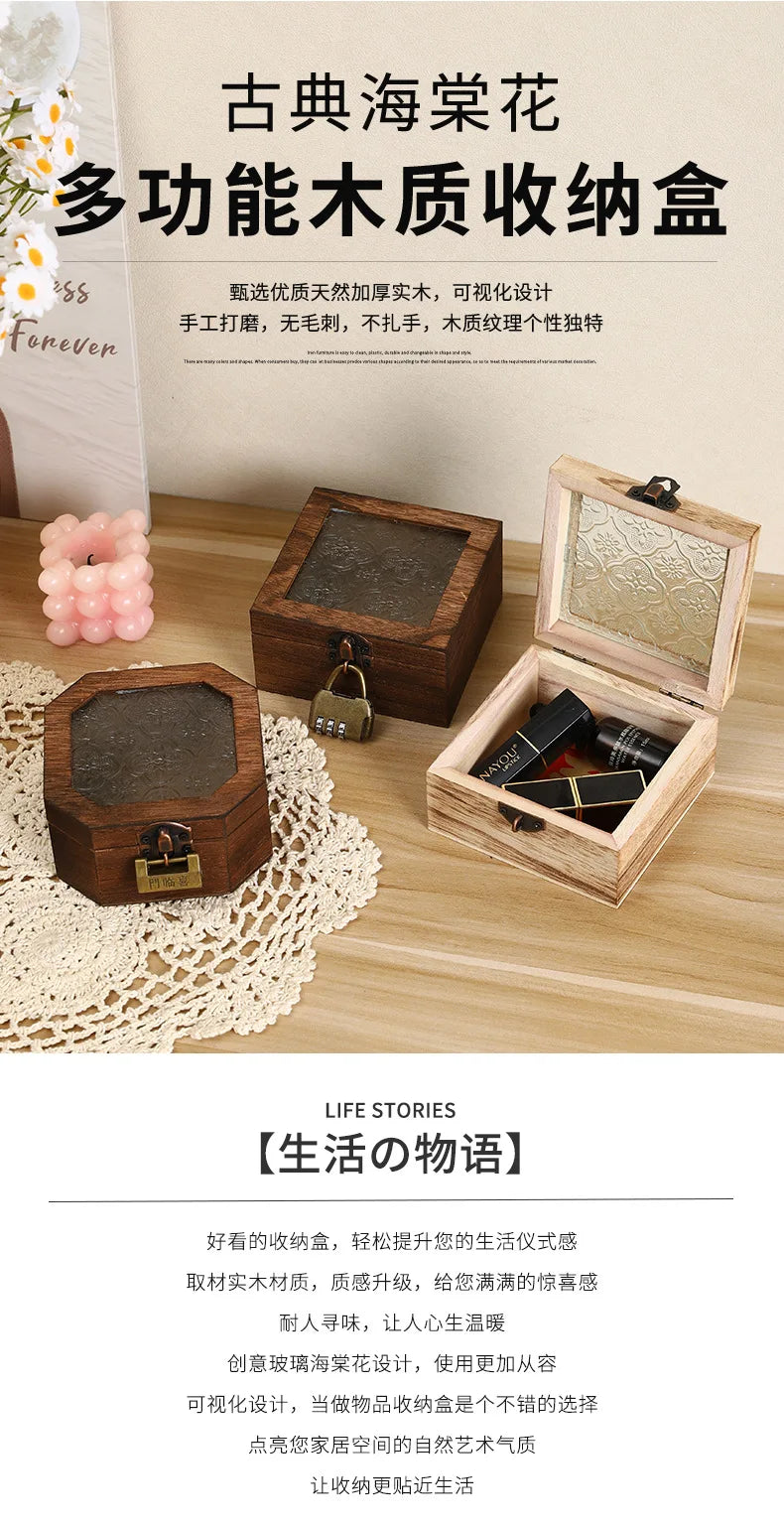 Boîte de rangement en bois rétro avec verre - Bégonia décoratif