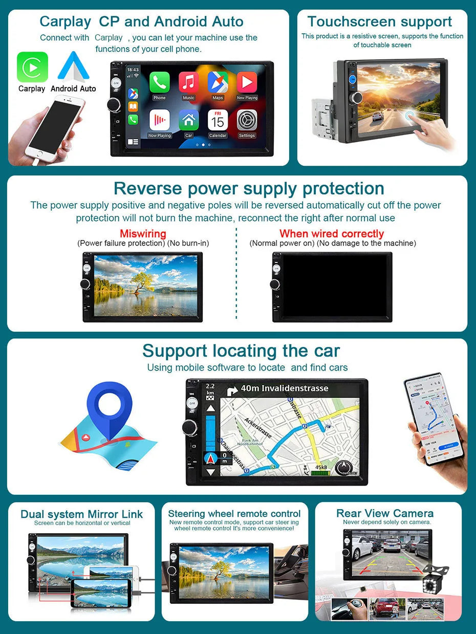 Autoradio 7 pouces 1 Din Carplay & Android Auto - Écran Tactile HD