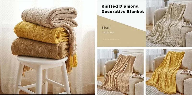 Plaid Vintage Orange Rouge Tricoté avec Glands - Confort Luxe