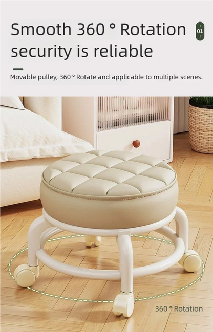 Tabouret Roulant en Cuir PU avec Roulettes - Pouf Rond Pratique