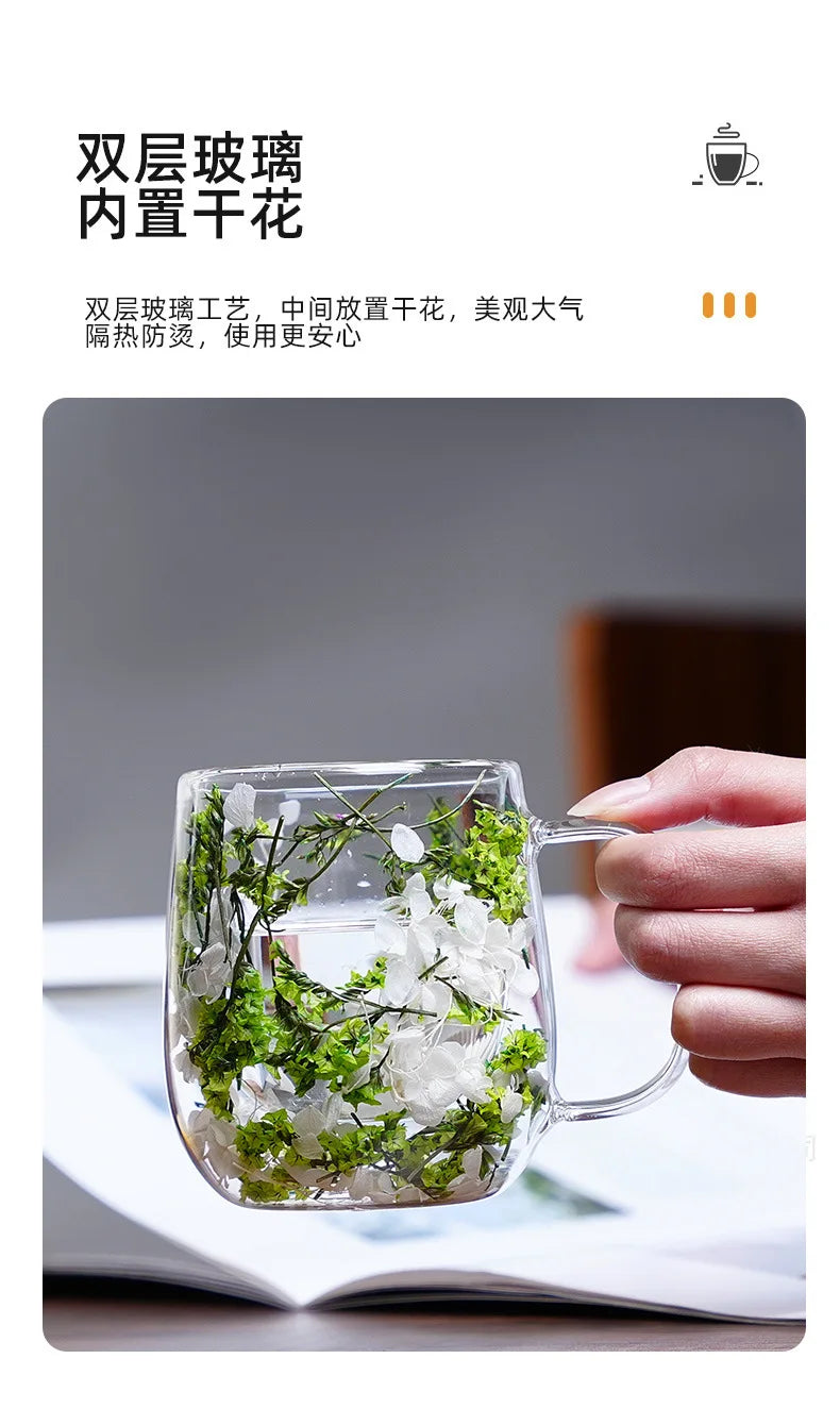 Tasse Anti-brûlure Double Couche Fleur Séchée Créative pour Bureau