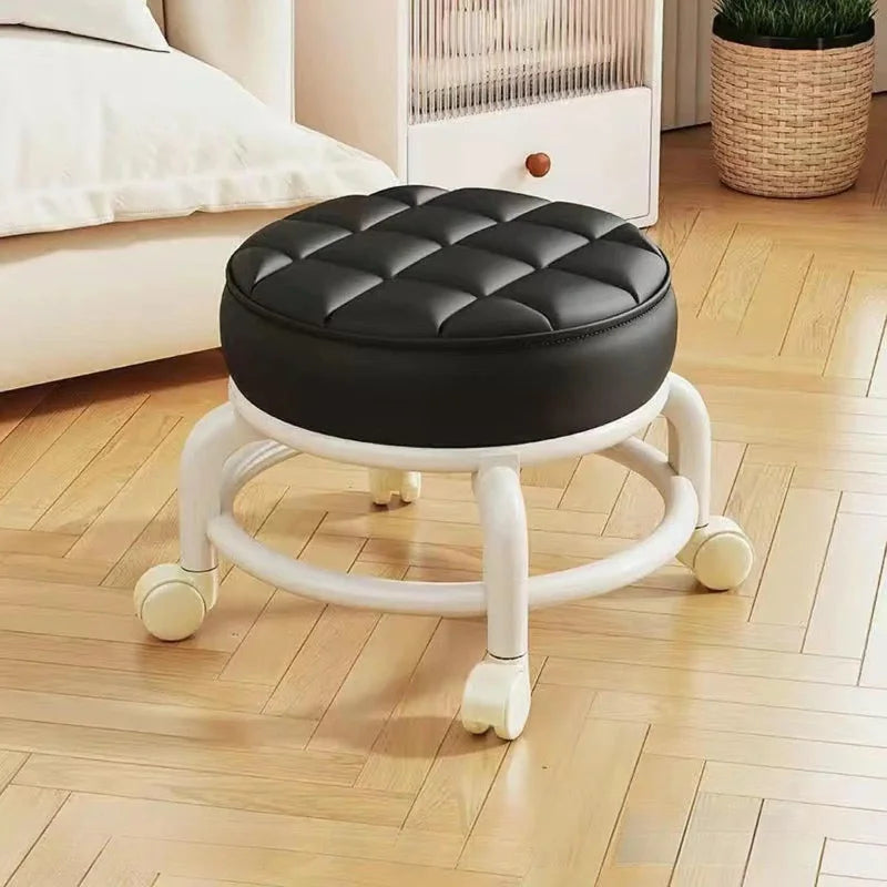 Tabouret Roulant en Cuir PU avec Roulettes - Pouf Rond Pratique