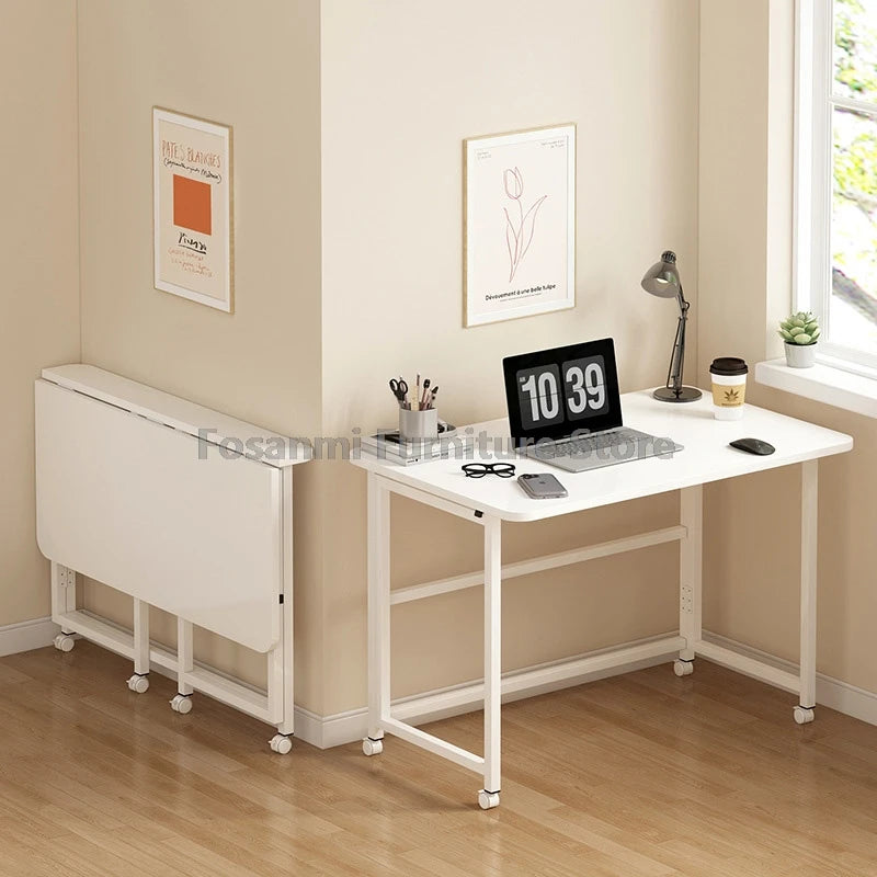 Bureau pliable blanc compact avec roulettes pour bureau à domicile