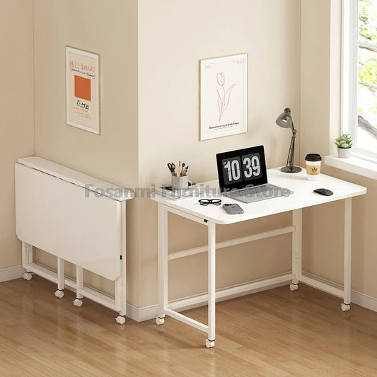 Bureau pliable blanc compact avec roulettes pour bureau à domicile
