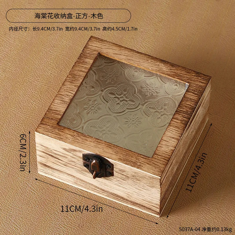 Boîte de rangement en bois rétro avec verre - Bégonia décoratif