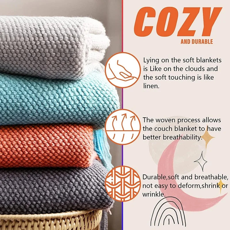 Plaid Vintage Orange Rouge Tricoté avec Glands - Confort Luxe