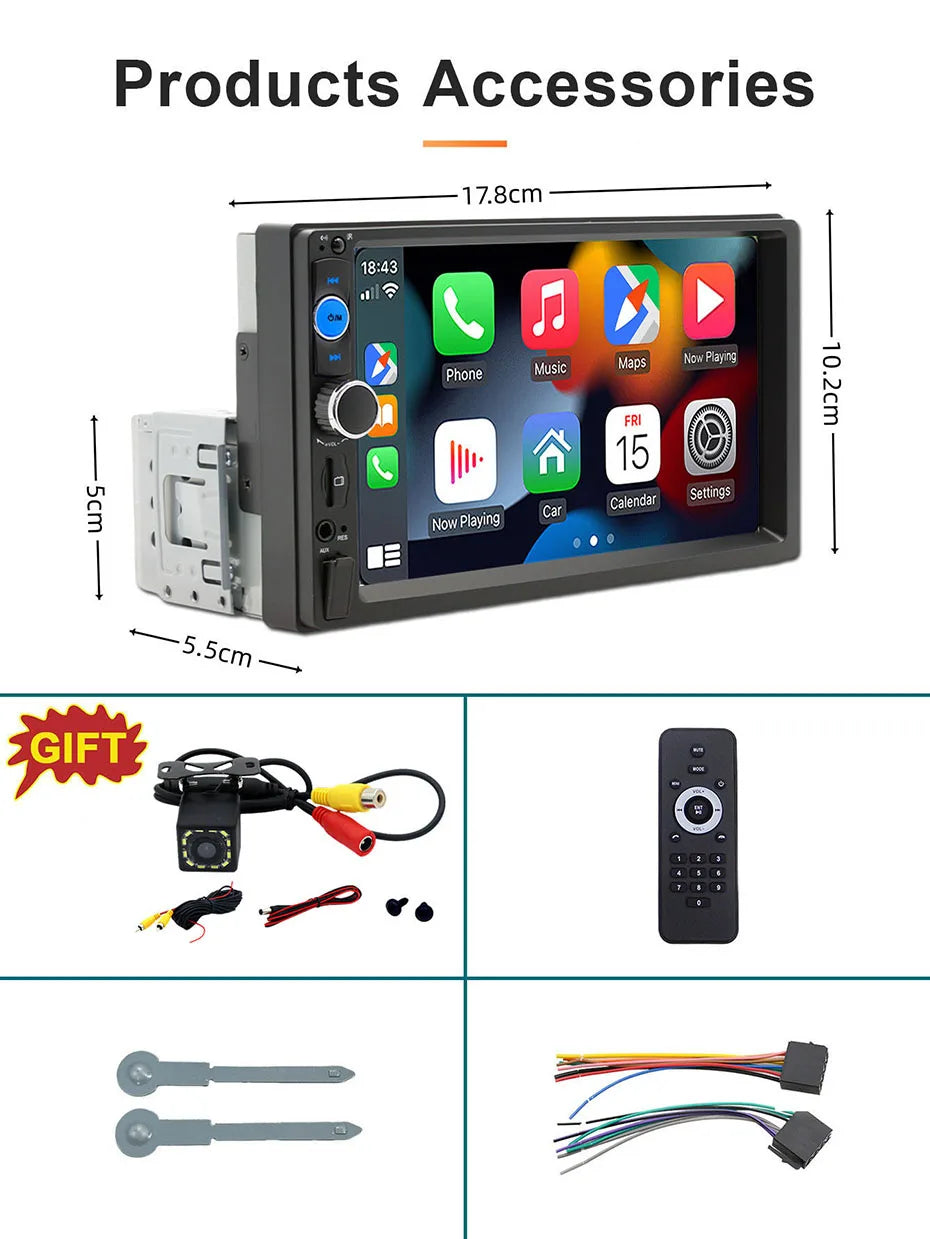 Autoradio 7 pouces 1 Din Carplay & Android Auto - Écran Tactile HD