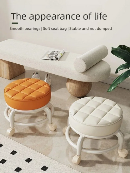 Tabouret Roulant en Cuir PU avec Roulettes - Pouf Rond Pratique