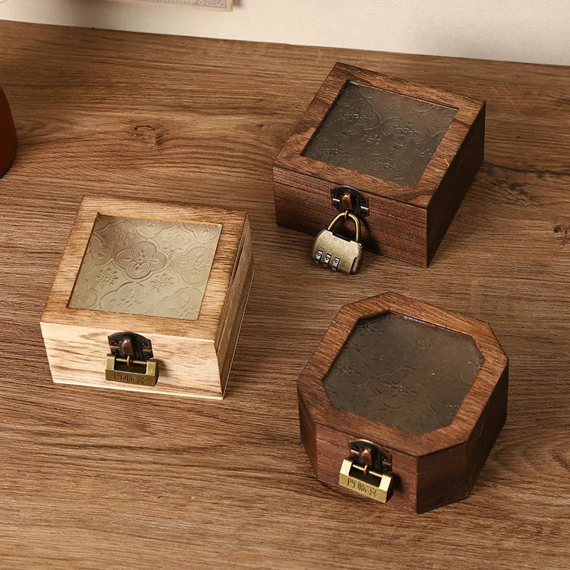 Boîte de rangement en bois rétro avec verre - Bégonia décoratif