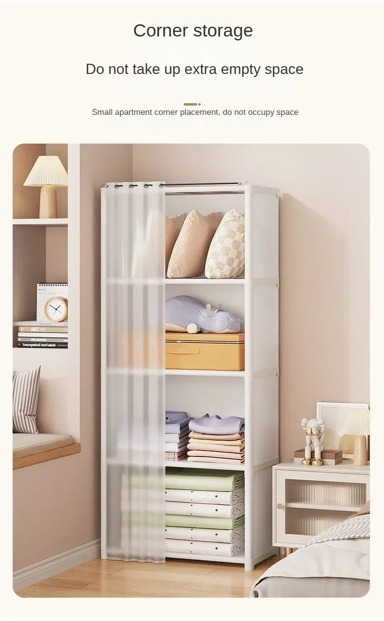 Armoire polyvalente anti-poussière avec rideaux et étagères