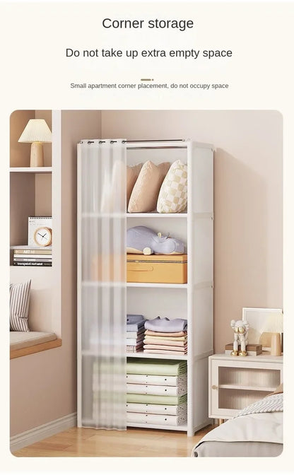 Armoire polyvalente anti-poussière avec rideaux et étagères