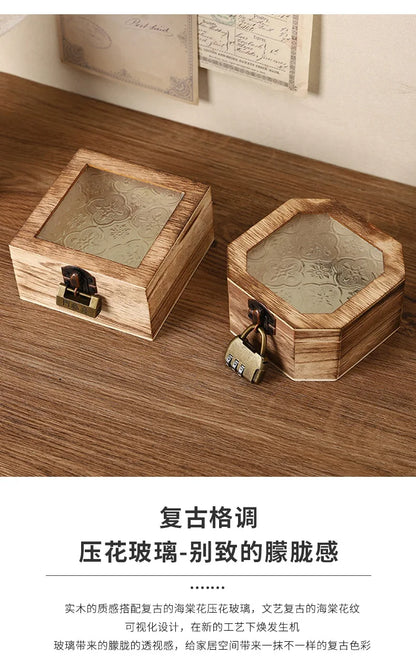 Boîte de rangement en bois rétro avec verre - Bégonia décoratif