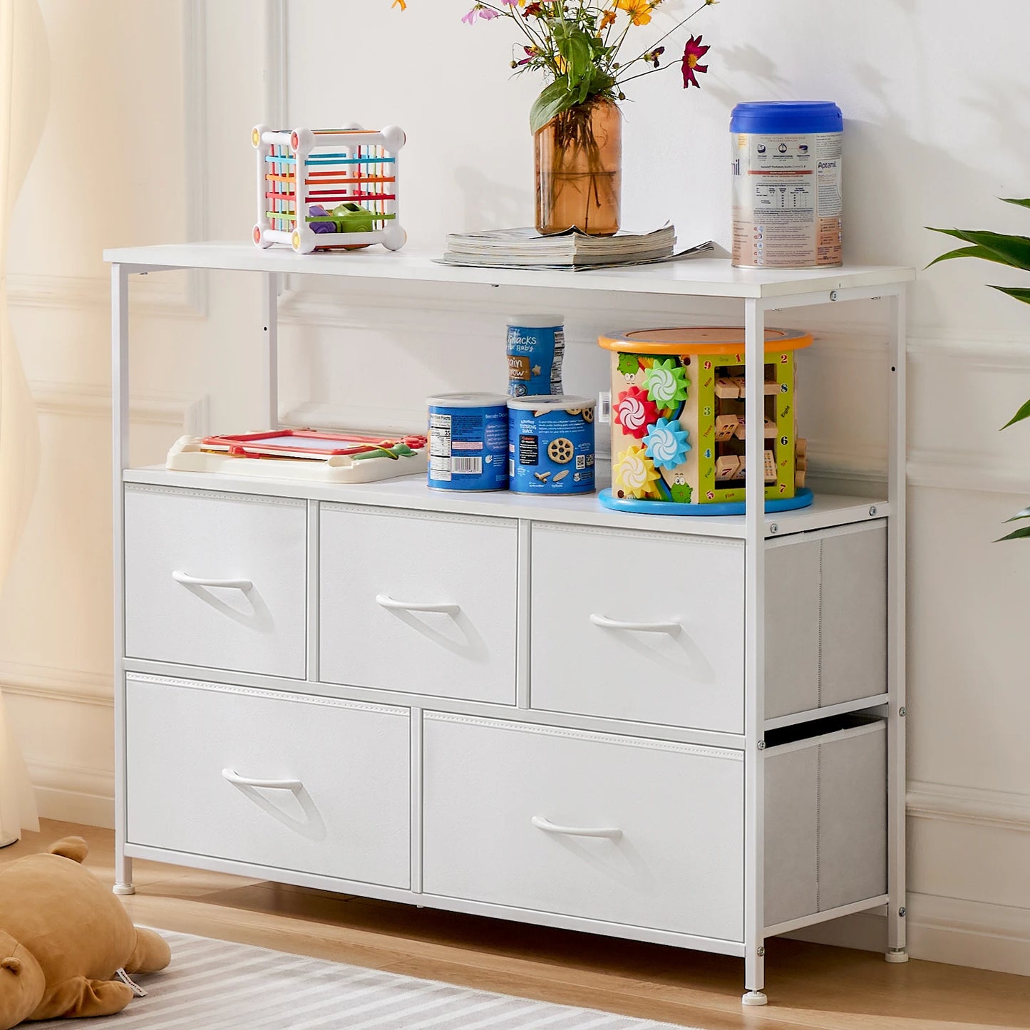 Commode TV JHK avec 5 tiroirs en tissu - Rangement élégant chambre