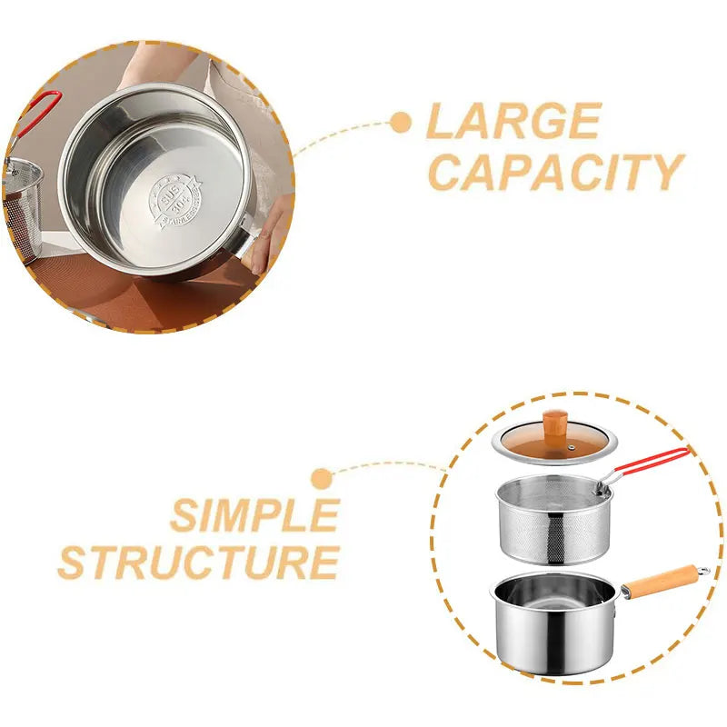 Marmite en inox 20cm avec panier - Casserole à induction et manche bois