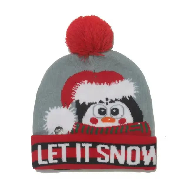 Chapeau de Noël LED Clignotant - Bonnet Tricoté Bonhomme de Neige
