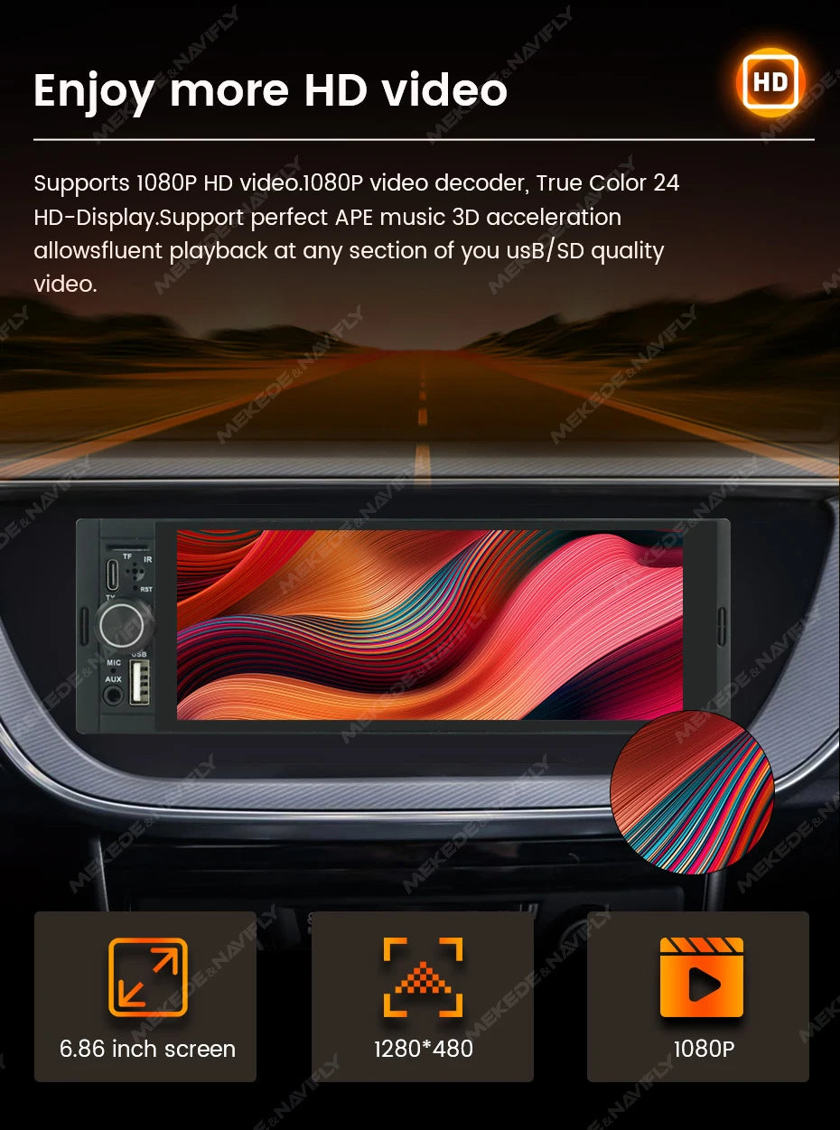 Autoradio 1Din sans fil CarPlay & Android Auto - Écran 6.86'' HD