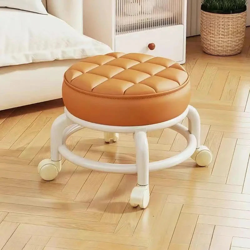 Tabouret Roulant en Cuir PU avec Roulettes - Pouf Rond Pratique