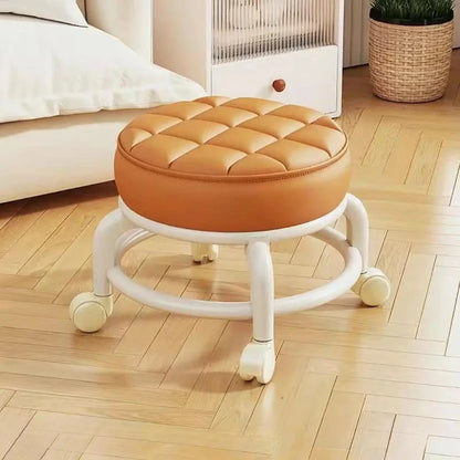 Tabouret Roulant en Cuir PU avec Roulettes - Pouf Rond Pratique