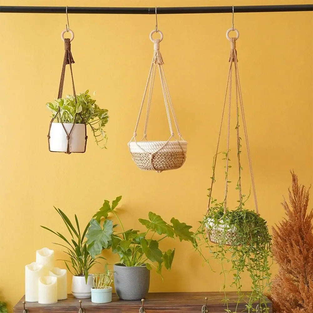 Porte-plante en macramé beige fait main pour intérieur et balcon