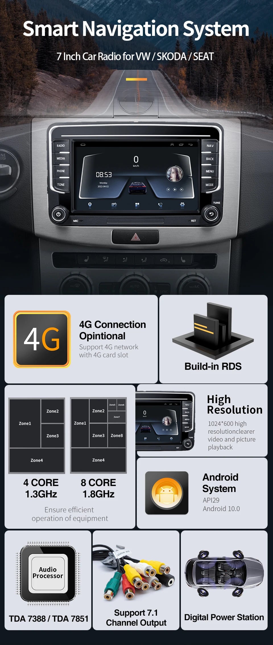 Autoradio GPS Android 13 pour VW, Skoda, Golf, Passat - 2Din