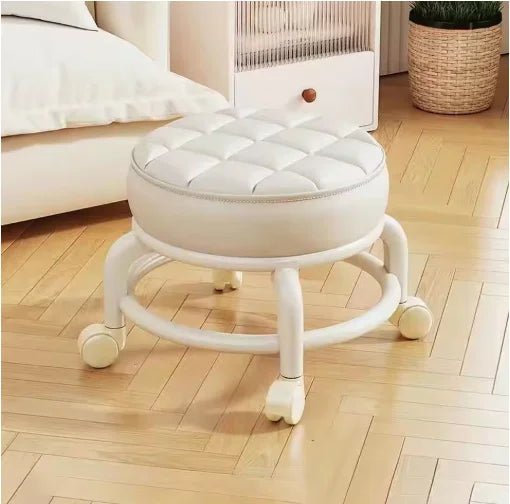 Tabouret Roulant en Cuir PU avec Roulettes - Pouf Rond Pratique