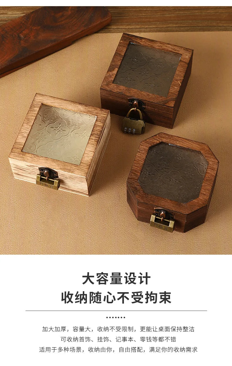 Boîte de rangement en bois rétro avec verre - Bégonia décoratif