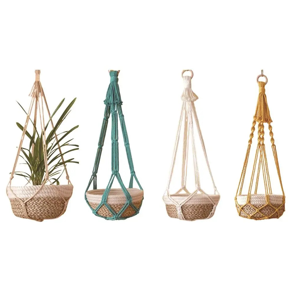 Porte-plante en macramé beige fait main pour intérieur et balcon