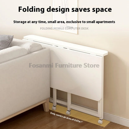 Bureau pliable blanc compact avec roulettes pour bureau à domicile