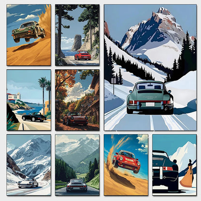 Affiche rétro Porsche 911 - Art mural voyage alpin sur toile