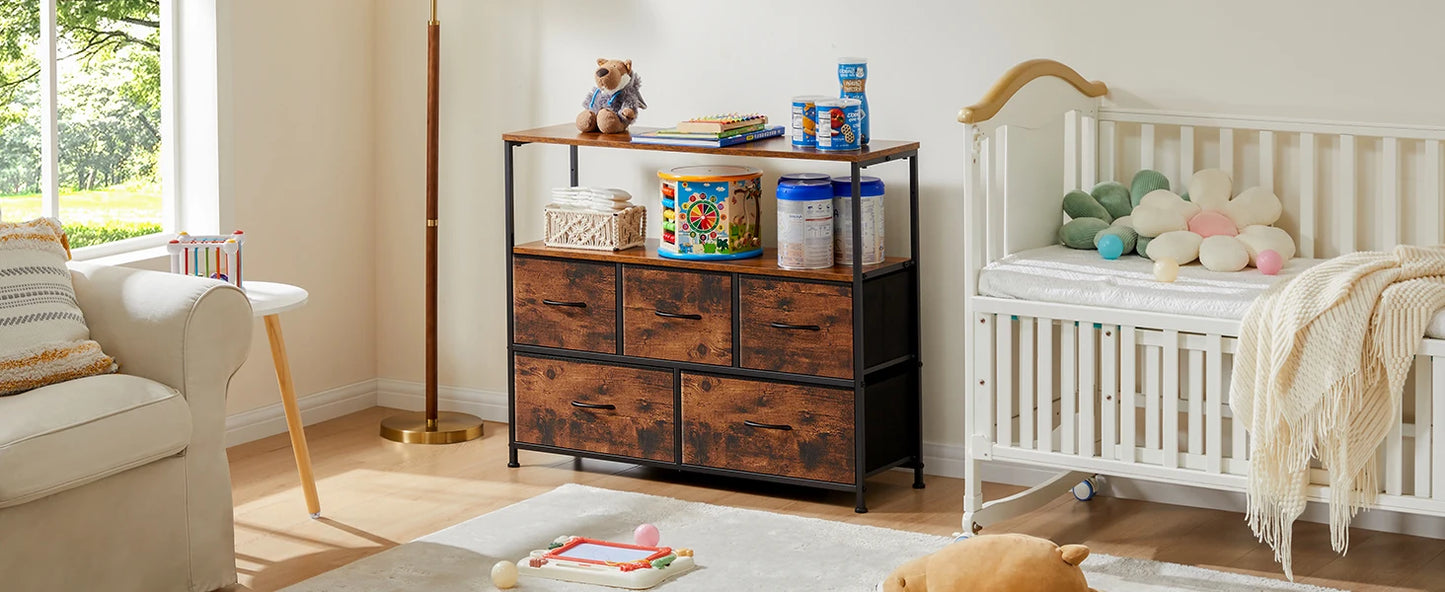 Commode TV JHK avec 5 tiroirs en tissu - Rangement élégant chambre