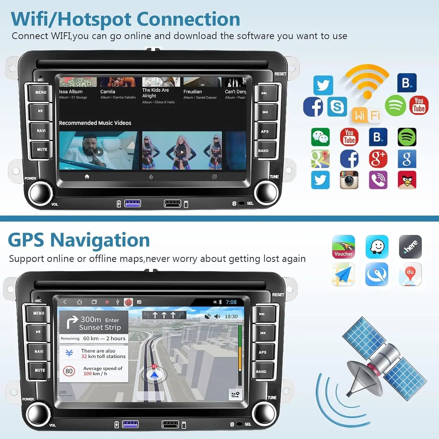 Autoradio Android 7" GPS Carplay pour VW, Seat, Audi - 2Din