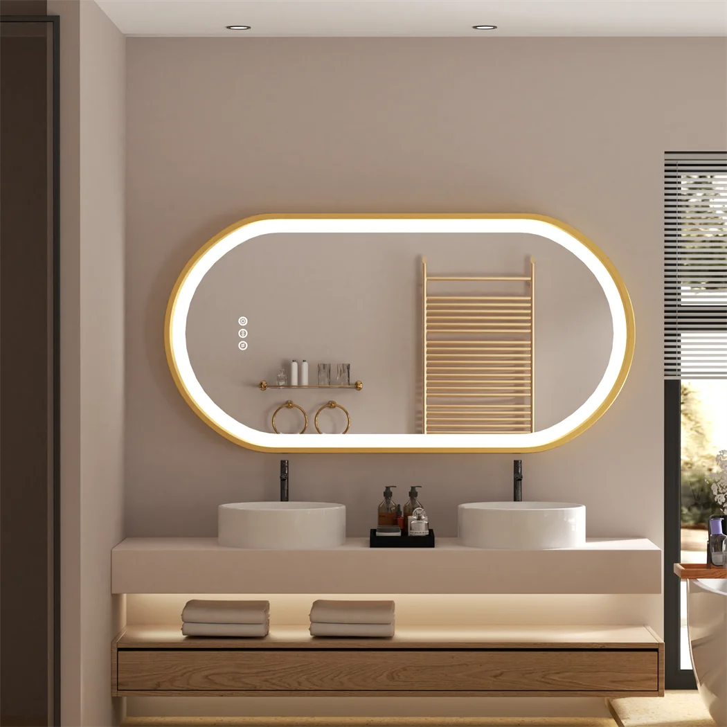 Miroir de Salle de Bain Ovale Luxe LED - Cadre Aluminium Doré