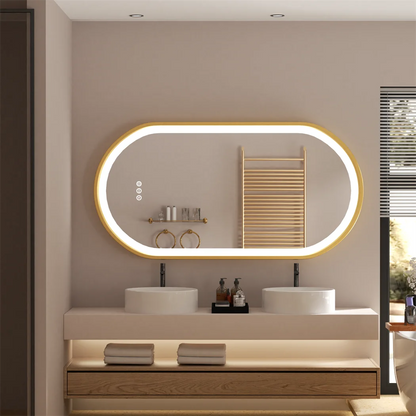 Miroir de Salle de Bain Ovale Luxe LED - Cadre Aluminium Doré