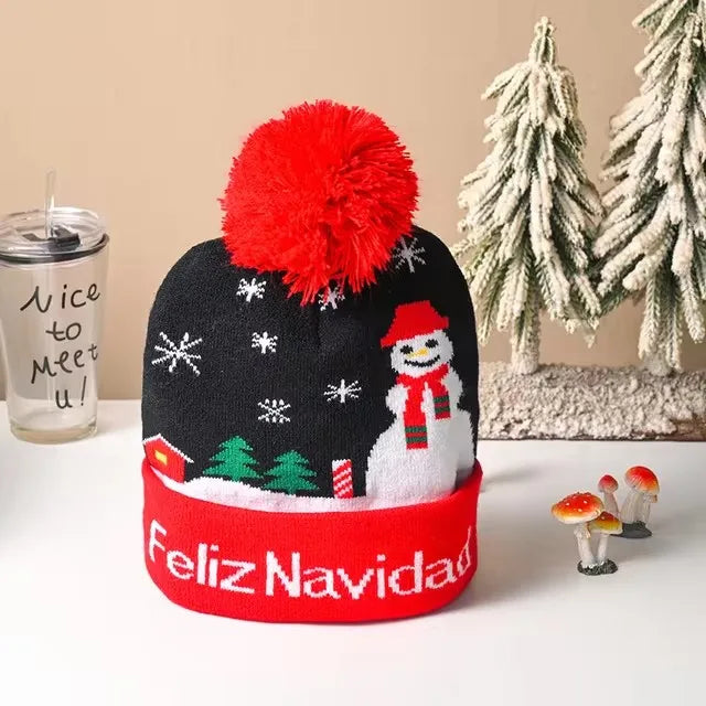 Chapeau de Noël LED Clignotant - Bonnet Tricoté Bonhomme de Neige
