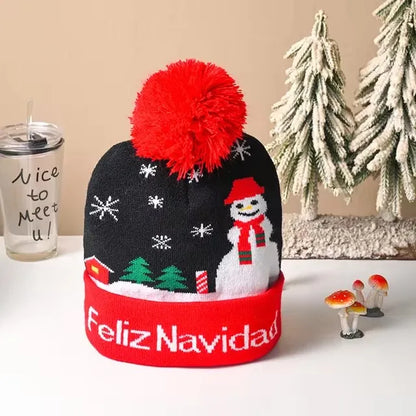 Chapeau de Noël LED Clignotant - Bonnet Tricoté Bonhomme de Neige