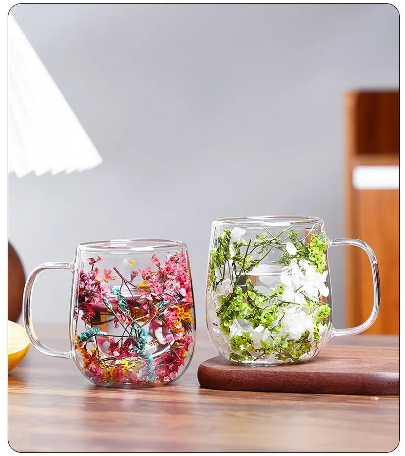 Tasse Anti-brûlure Double Couche Fleur Séchée Créative pour Bureau