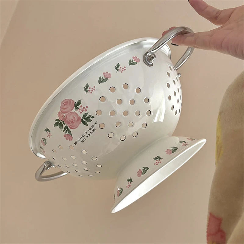 Panier à fruits vintage en émail rose - Élégance pour la cuisine