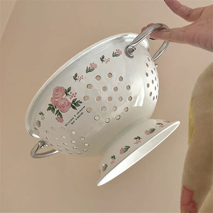 Panier à fruits vintage en émail rose - Élégance pour la cuisine