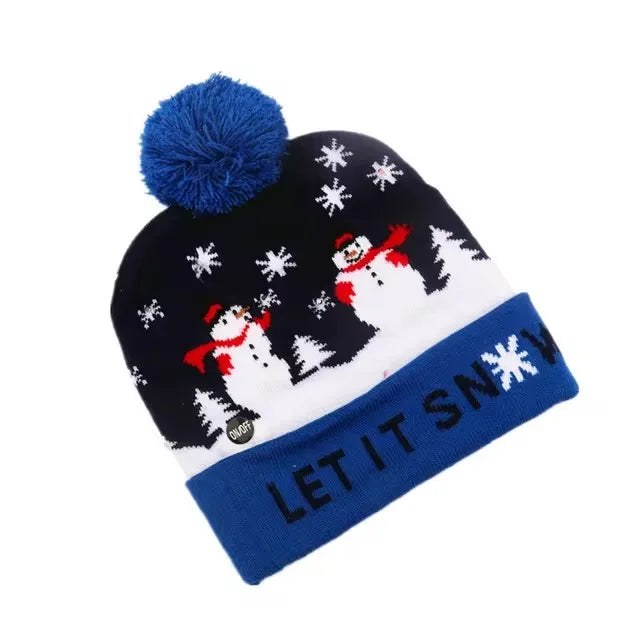 Chapeau de Noël LED Clignotant - Bonnet Tricoté Bonhomme de Neige