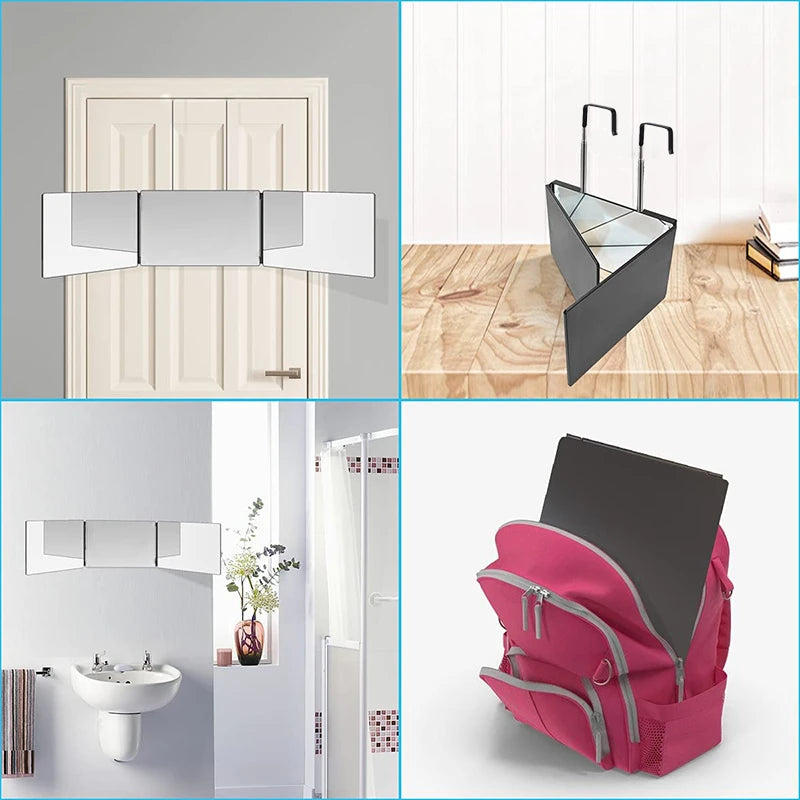 Miroir de maquillage portable 3 volets 360° avec crochet réglable