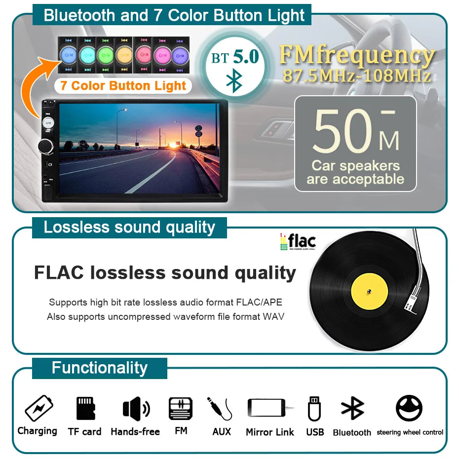 Autoradio 7 pouces 1 Din Carplay & Android Auto - Écran Tactile HD