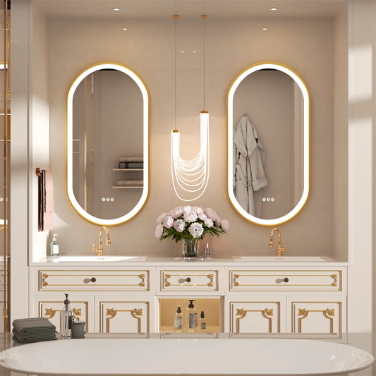 Miroir de Salle de Bain Ovale Luxe LED - Cadre Aluminium Doré