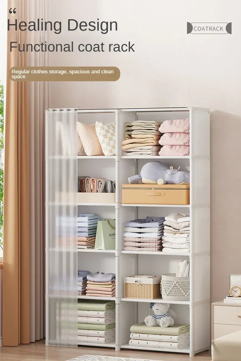 Armoire polyvalente anti-poussière avec rideaux et étagères